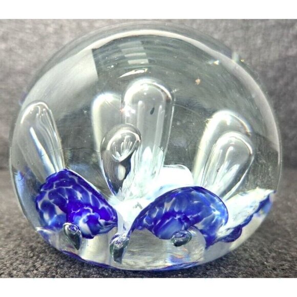 Unbranded Glass Paperweight White Blue Clear Controlled Bubbles Polished Bottom - Picture 1 of 6